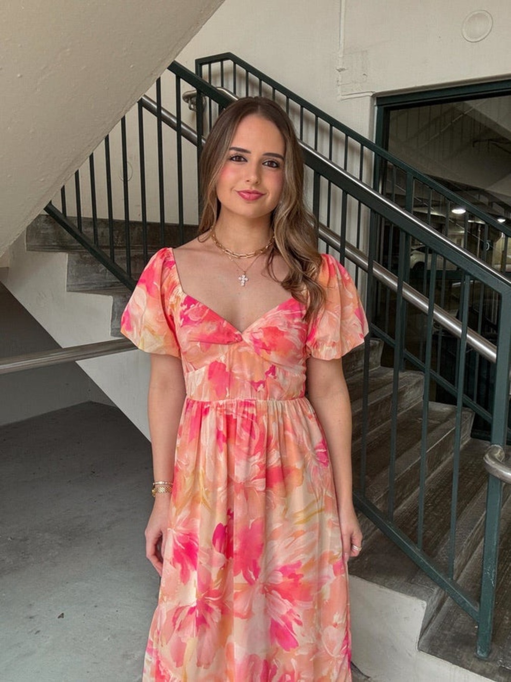 Floral Pink Puff-Sleeve Maxi Dress